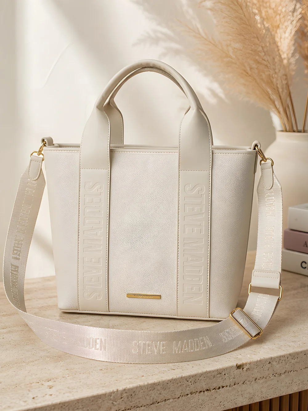 Steve Madden Cream Structured Tote w/ Detachable Branded Strap and Gold Accents